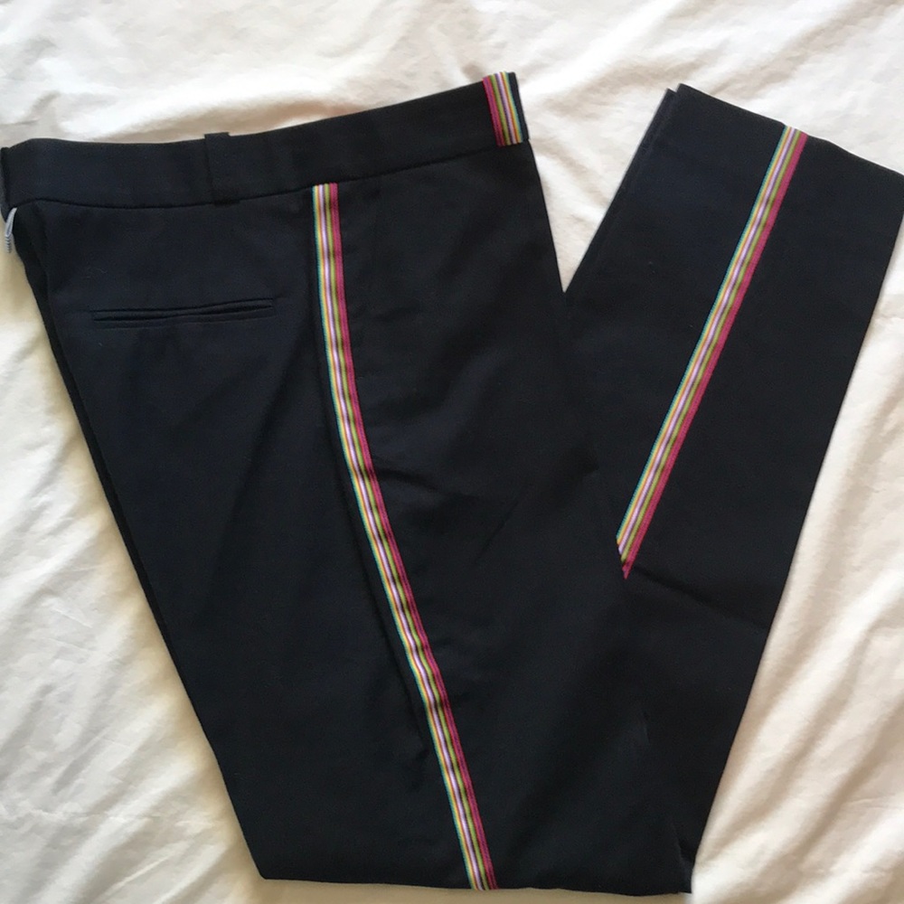 Facçonnable French slim navy cotton pants rainbow grosgrain ribbon trimNWOT